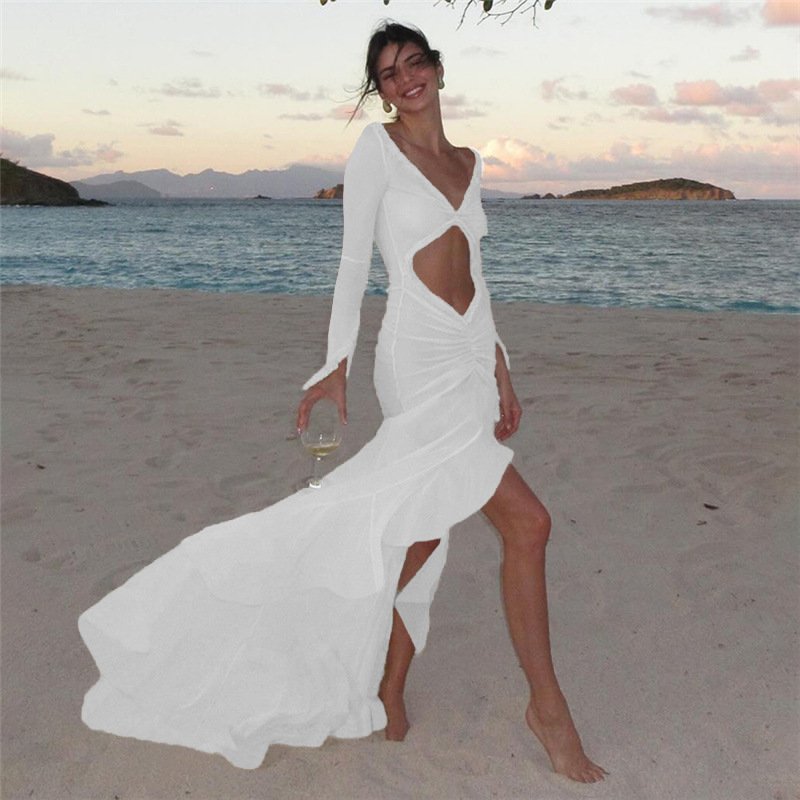 European and American Cross border Summer Women's New V neck Sheer Sexy Hollow Pleated Lace Slim Dress