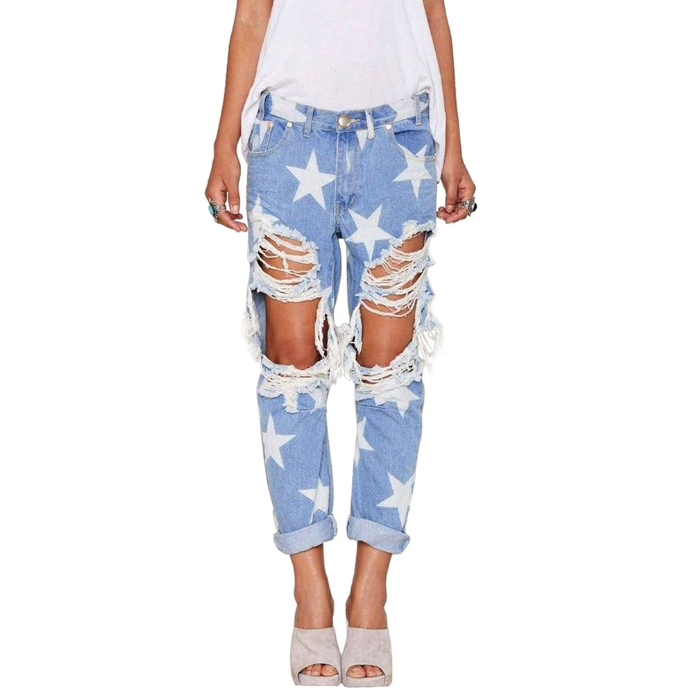 Womens High Waisted Ripped Jeans Loose Fit Star Print Straight Leg Casual Style Perfect for Spring and Autumn