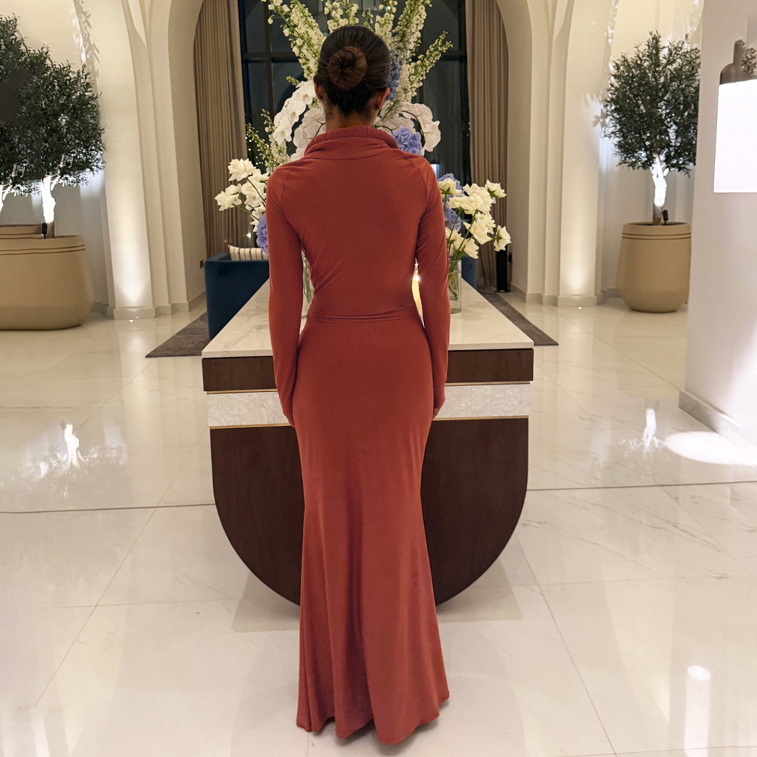 European and American Cross border New Autumn and Winter Women's Fashion Elegant High Neck Solid Color Slim Long Dress