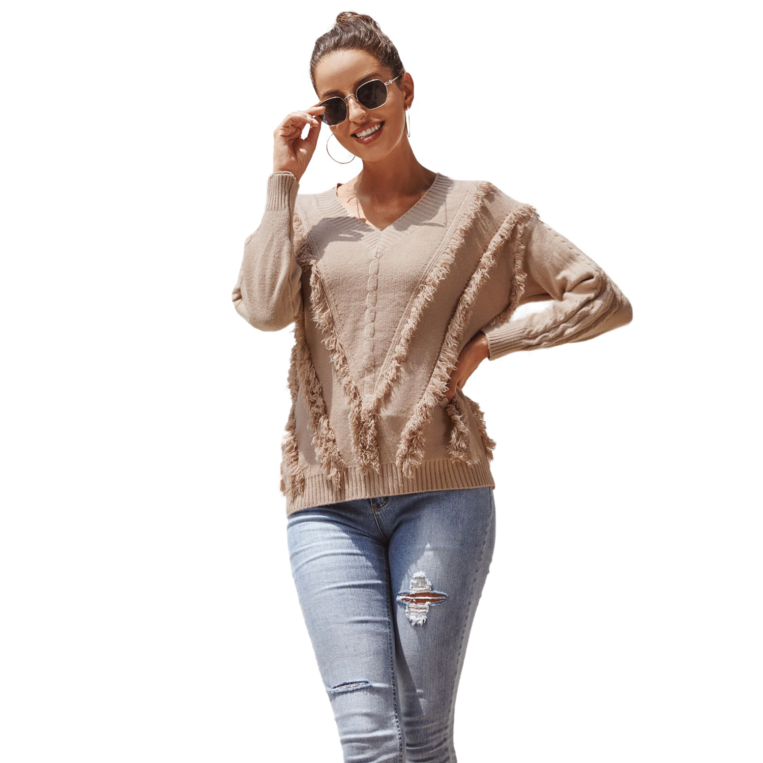 V Neck Long Sleeve Sweater Stylish Versatile Comfortable Autumn and Winter Wear Wholesale Available