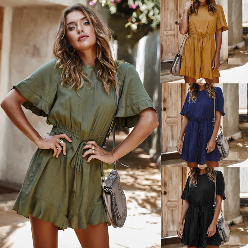 Womens Short Jumpsuit Solid Color Casual Style Lightweight Fabric Perfect for Spring Vacations Wholesale Available