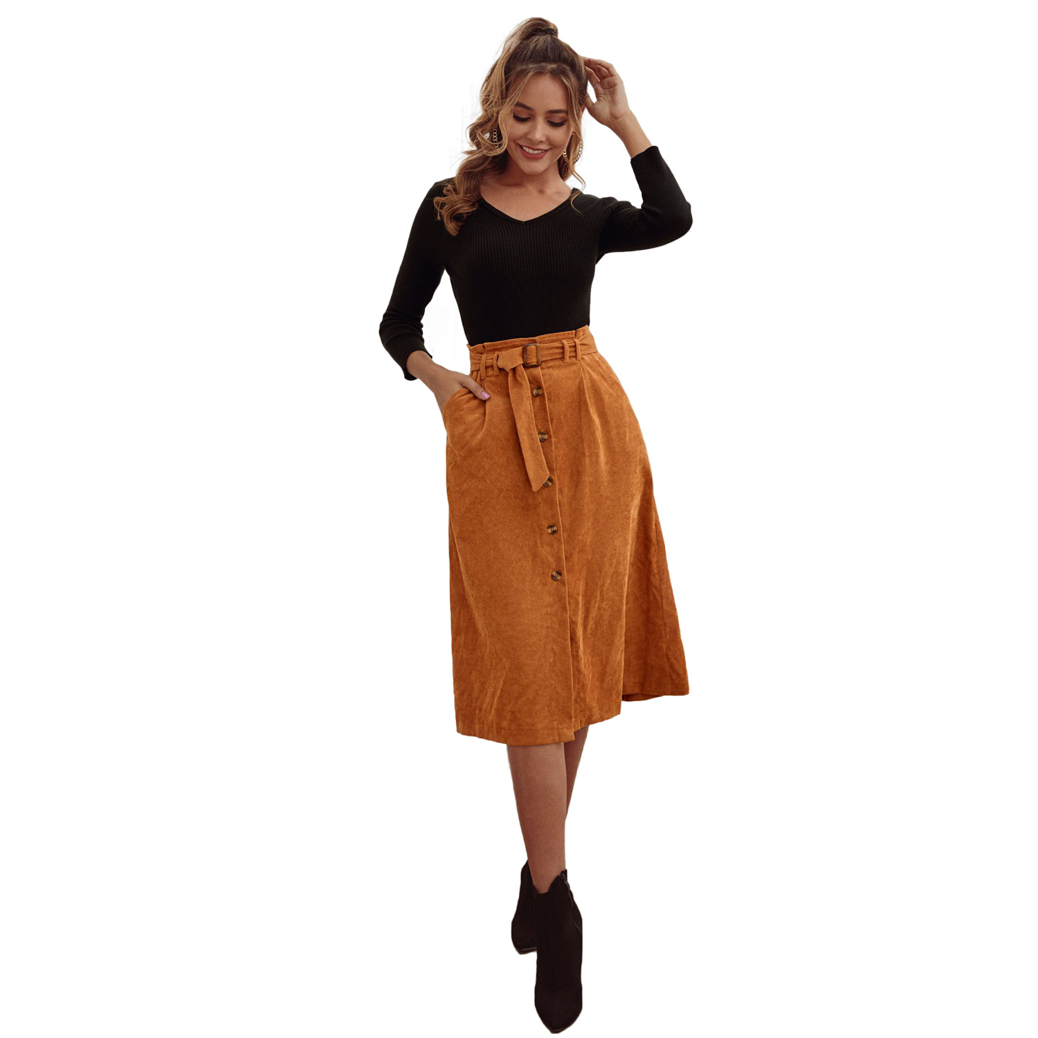 High Waisted Corduroy A Line Midi Skirt Womens Autumn Winter Fashion Versatile Casual or Formal Wear Wholesale