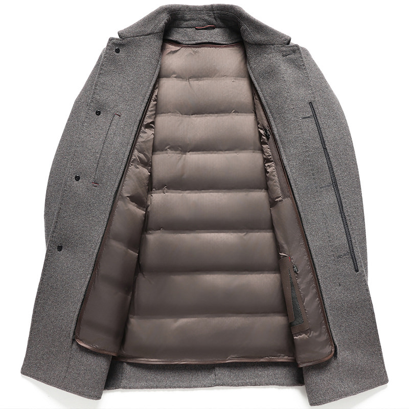 Mens Wool Jacket Thick Double Sided Fabric Stand Collar Insulated with Down Lining Autumn Winter Casual Wear