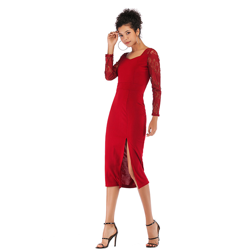 Lace Panel Pencil Dress Sexy Split Hem Solid Color Elegant Design Spring Fashion for Women Wholesale Available