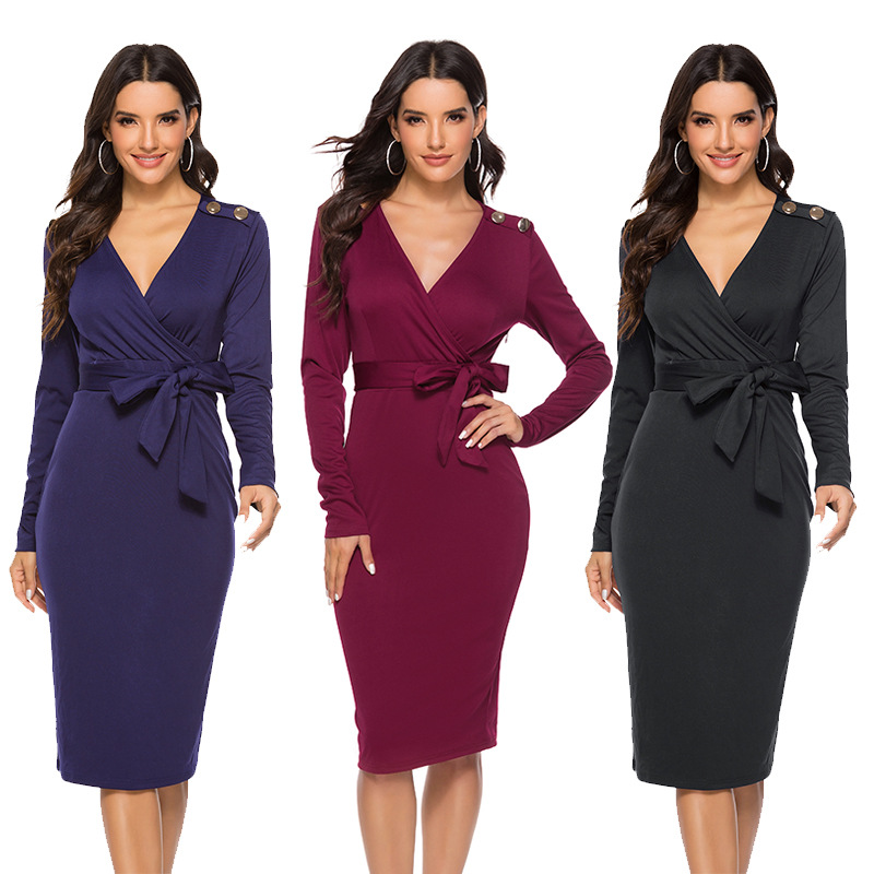 Long Sleeve V Neck Midi Dress Stretch Fabric Sexy Fit Includes Belt Autumn Winter Fashion Wholesale Available