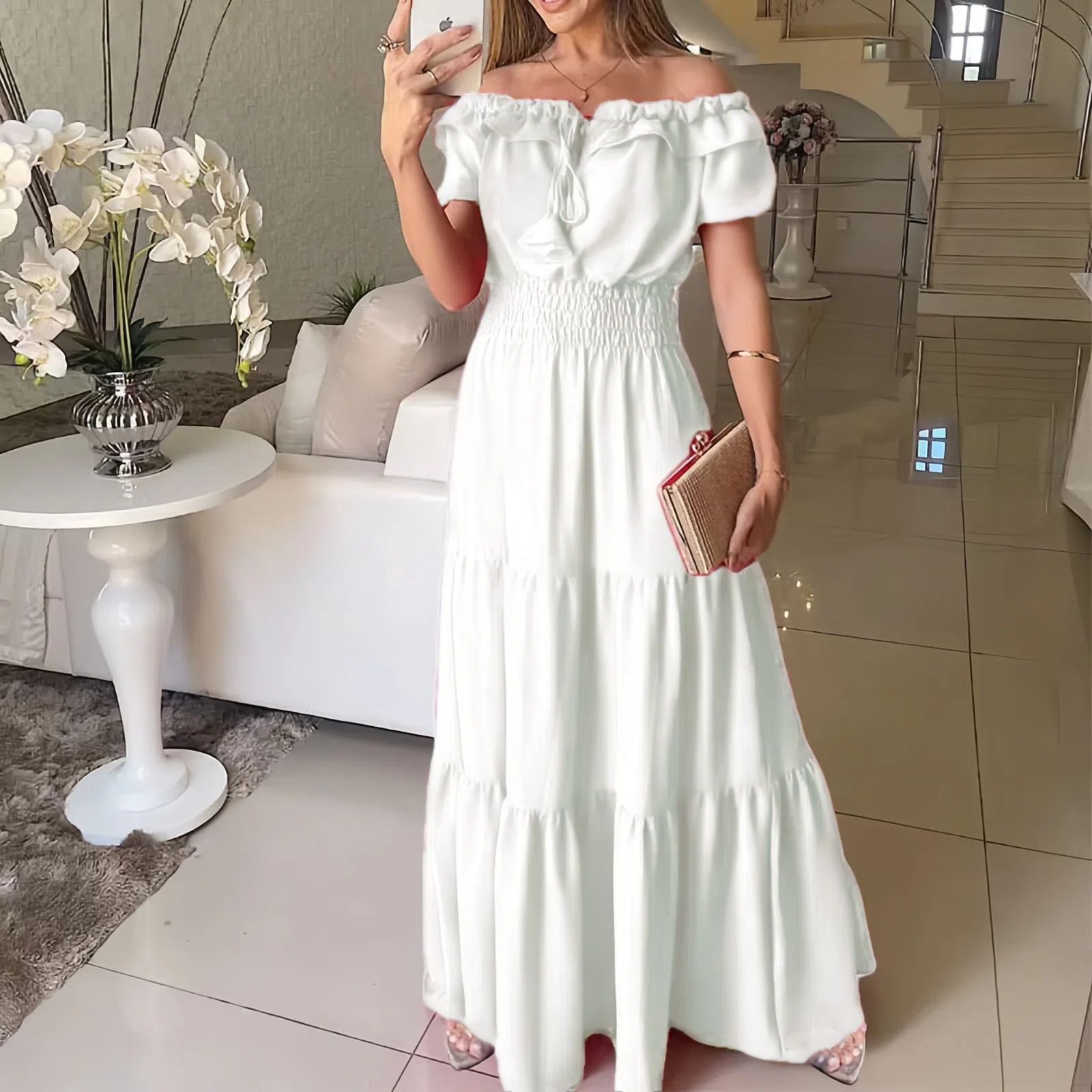 European Market Elegant Solid Color Strapless Ruffled Puff Sleeve Maxi Dress — Fashionable, Trendy, Comfortable — Casual, Part