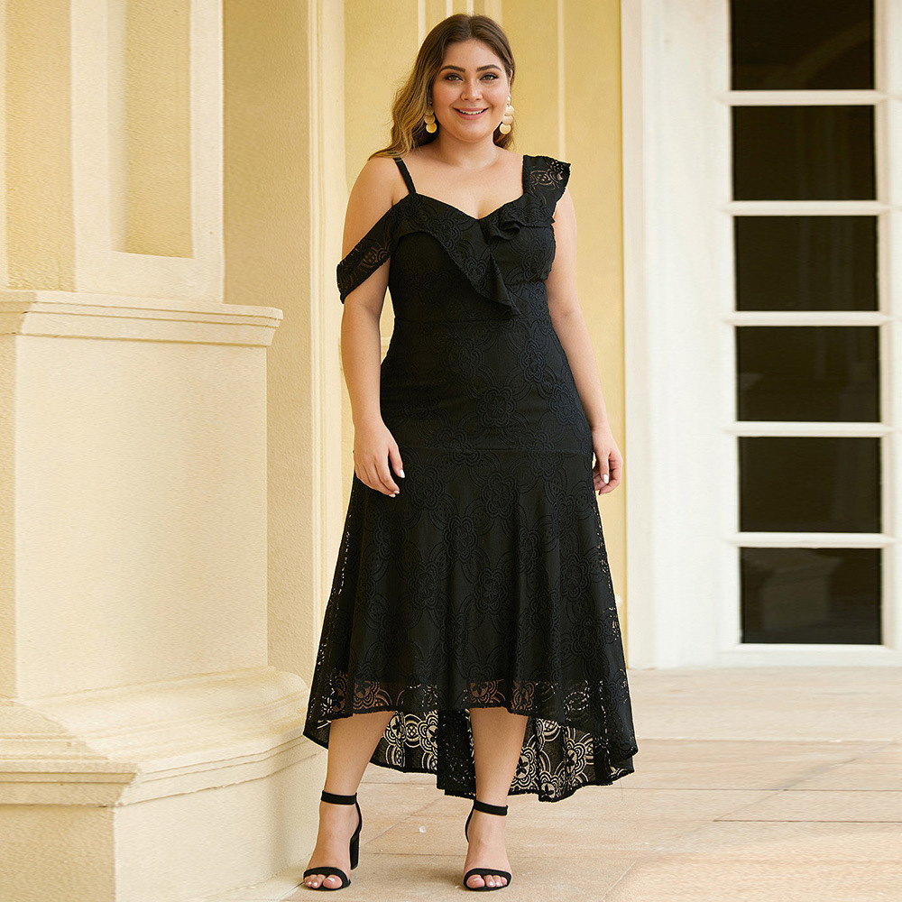 Plus Size Summer Evening Dress Hollow Lace Asymmetrical Off Shoulder V Neck Long Length Formal Events Wholesale