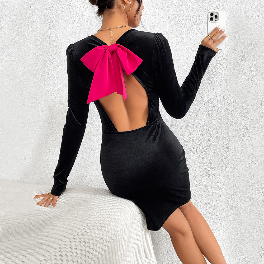 Velvet Backless Color Block Slim Fit Sexy Bodycon Mini Dress