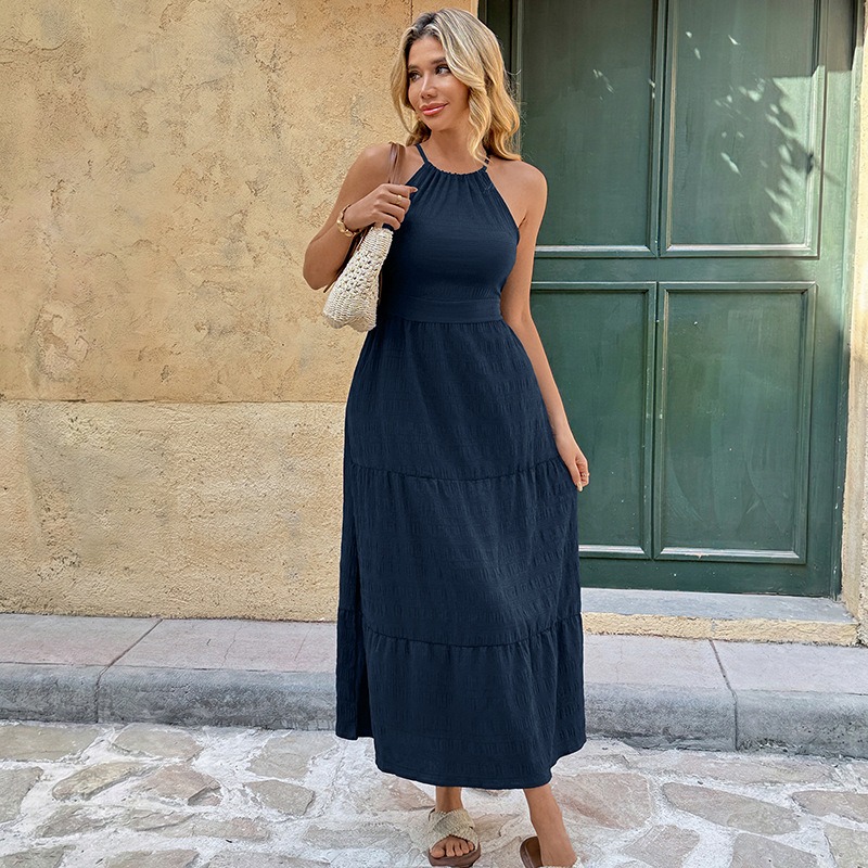 New Casual Vacation Style Long Dress with Solid Color and Backless Design