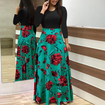 Floral Print Color Block Long Sleeve Maxi Dress Elegant Design Comfortable Fabric Perfect for Spring Summer Wholesale
