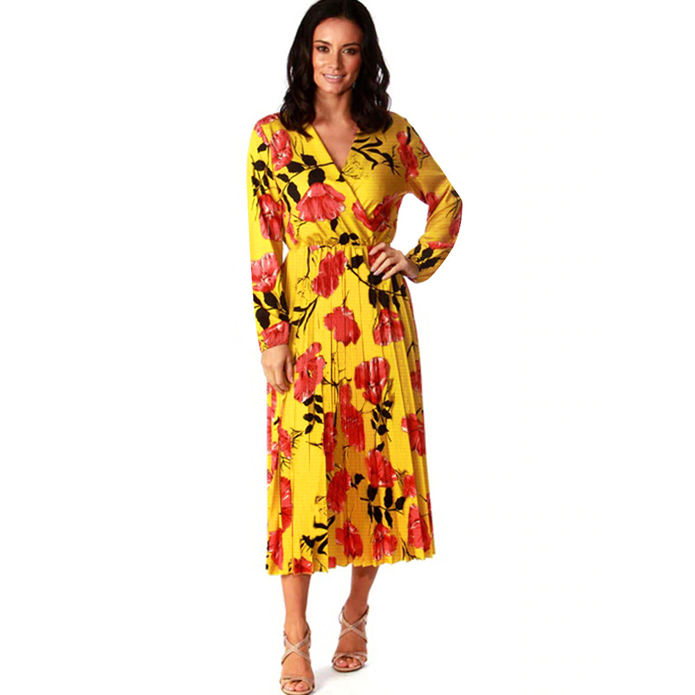 Womens Floral Print Maxi Dress V Neck Long Sleeve Elegant Design Spring Summer Fashion Wholesale Available