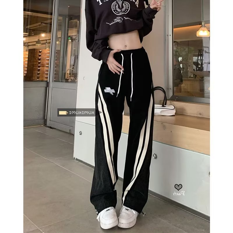 Vintage Color Block Denim Pants Unisex Loose Fit Drawstring Design Casual Streetwear for Couples Wholesale Available