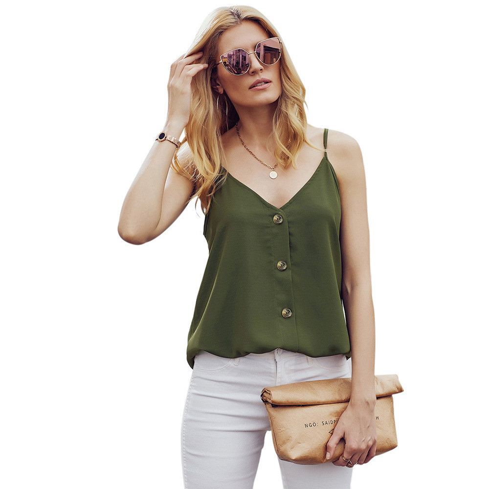 Womens Summer Sleeveless V Neck Tank Top European Style Button Detail Backless Design Casual Wear Wholesale