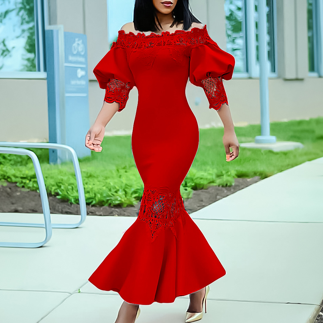 Elegant Off Shoulder Lace Mermaid Dress for Women, Summer Fashion, Cross Border Trade, European and American Style Party Gown
