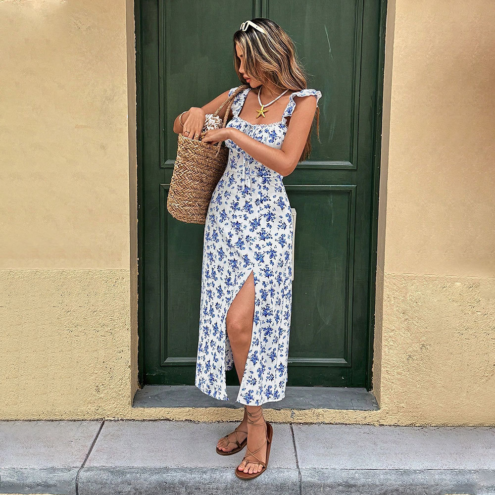 Summer New Floral Long Dress for Vacation Travel, Soft and Sweet Style, Sleeveless A line Slim Fit High Waist Dress