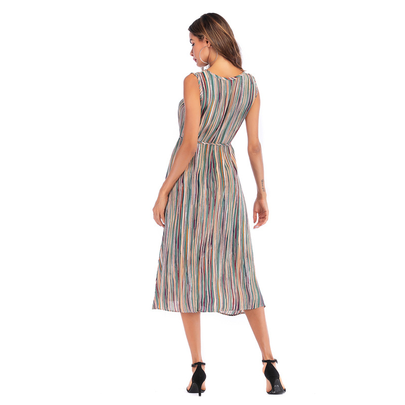 Sleeveless Round Neck Colorful Striped Print Dress Summer Fashion Casual Style Comfortable Fit Wholesale Available