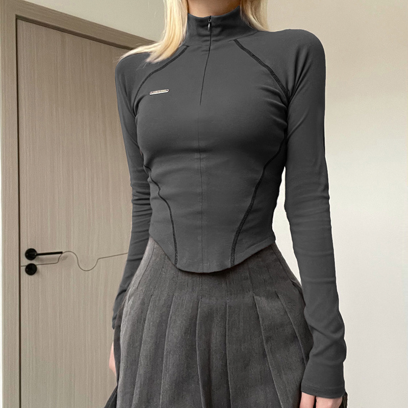 Womens T Shirt Invisible Zipper Stand Collar Contrast Stitching Street Fashion for Fall Winter Wholesale Available