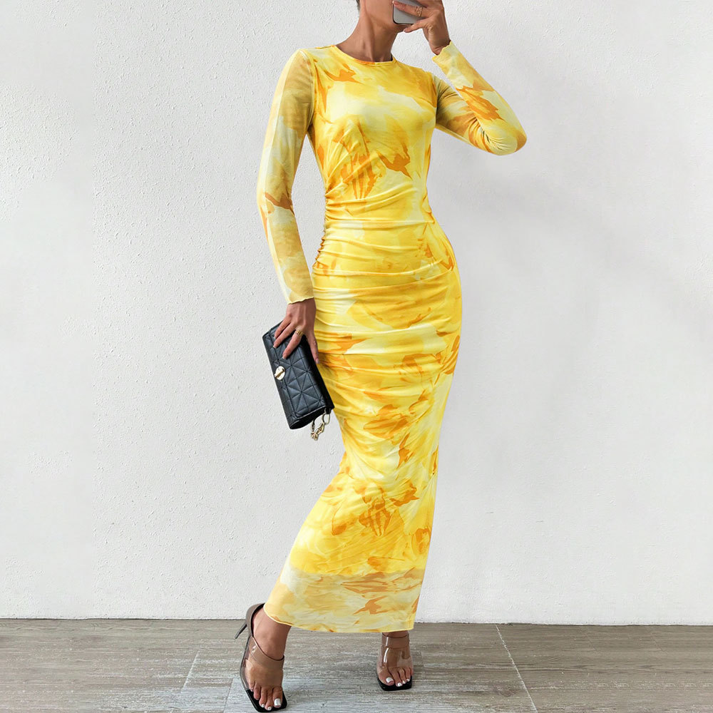 European and American Sexy Tight Strapless Long Dress with Gradient Floral Print High Waist Bodycon Dress