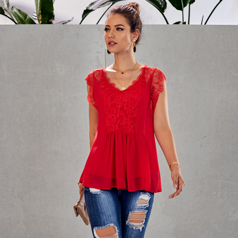 V Neck Lace Trim Pleated Top Regular Fit Elegant Design Versatile Style Wholesale Available OEM ODM service