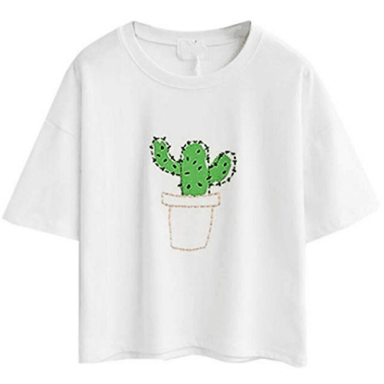 Cotton Crop Top Short Sleeve Cactus Embroidery Casual Style Summer Wear for Women Wholesale Available