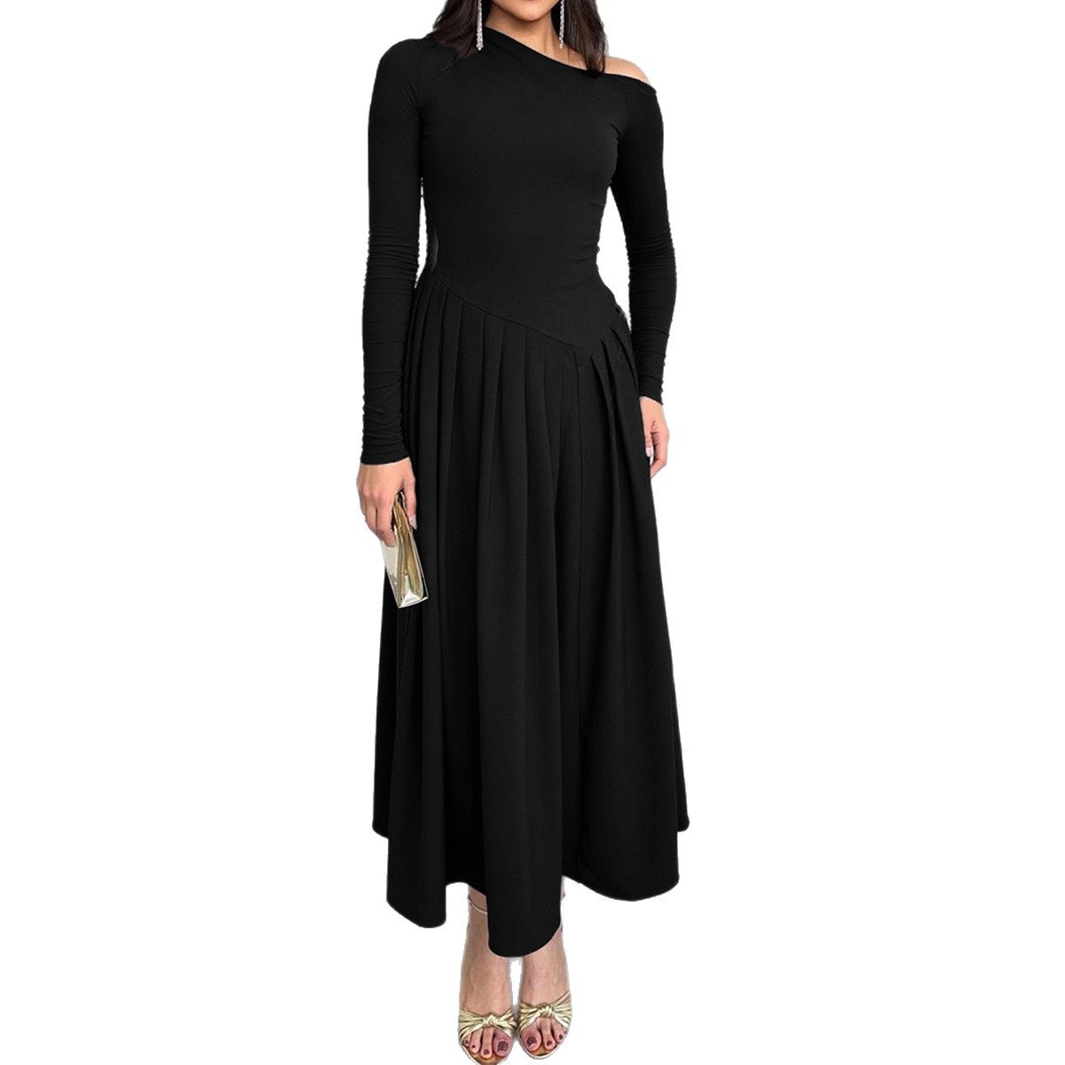 Elegant High Waist Long Sleeve Long Dress for Women Autumn Winter
