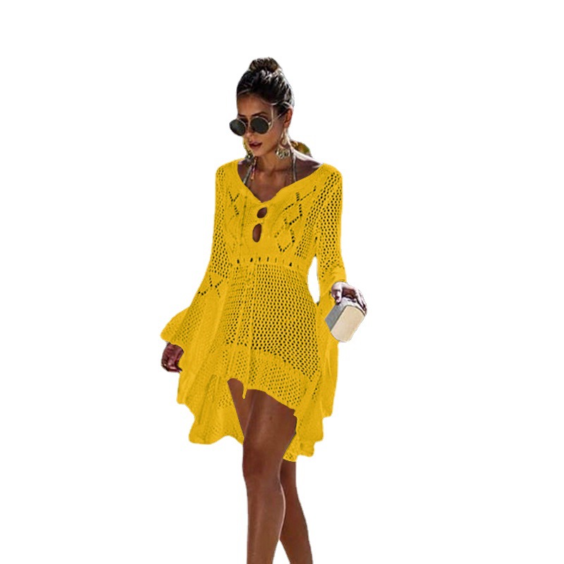 Irregular Deep V Sexy Hollow Out Knitted Beach Cover Up Dress Bell Sleeves Lightweight Fabric Summer Style Wholesale