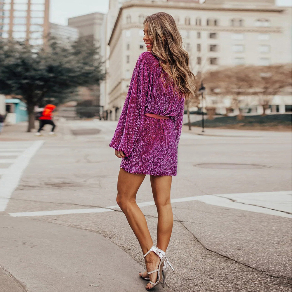 Sequin Mini Dress V Neck Long Sleeve Sparkling Design Spring and Autumn Fashion Wholesale Available