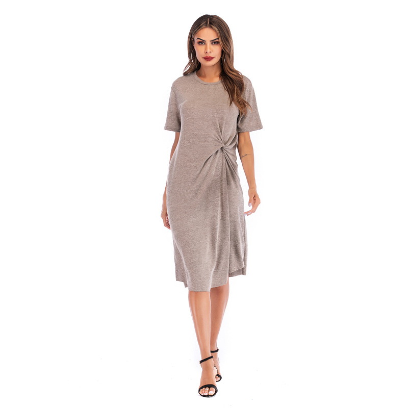Loose Fit Solid Color Twisted Knot Irregular Midi Dress Short Sleeve Casual Style Summer Wear Wholesale Available