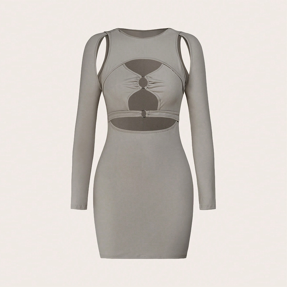 European and American cross border sexy hot girl front chest hollow ring highlights figure, milk silk slim fit hip hugging dress