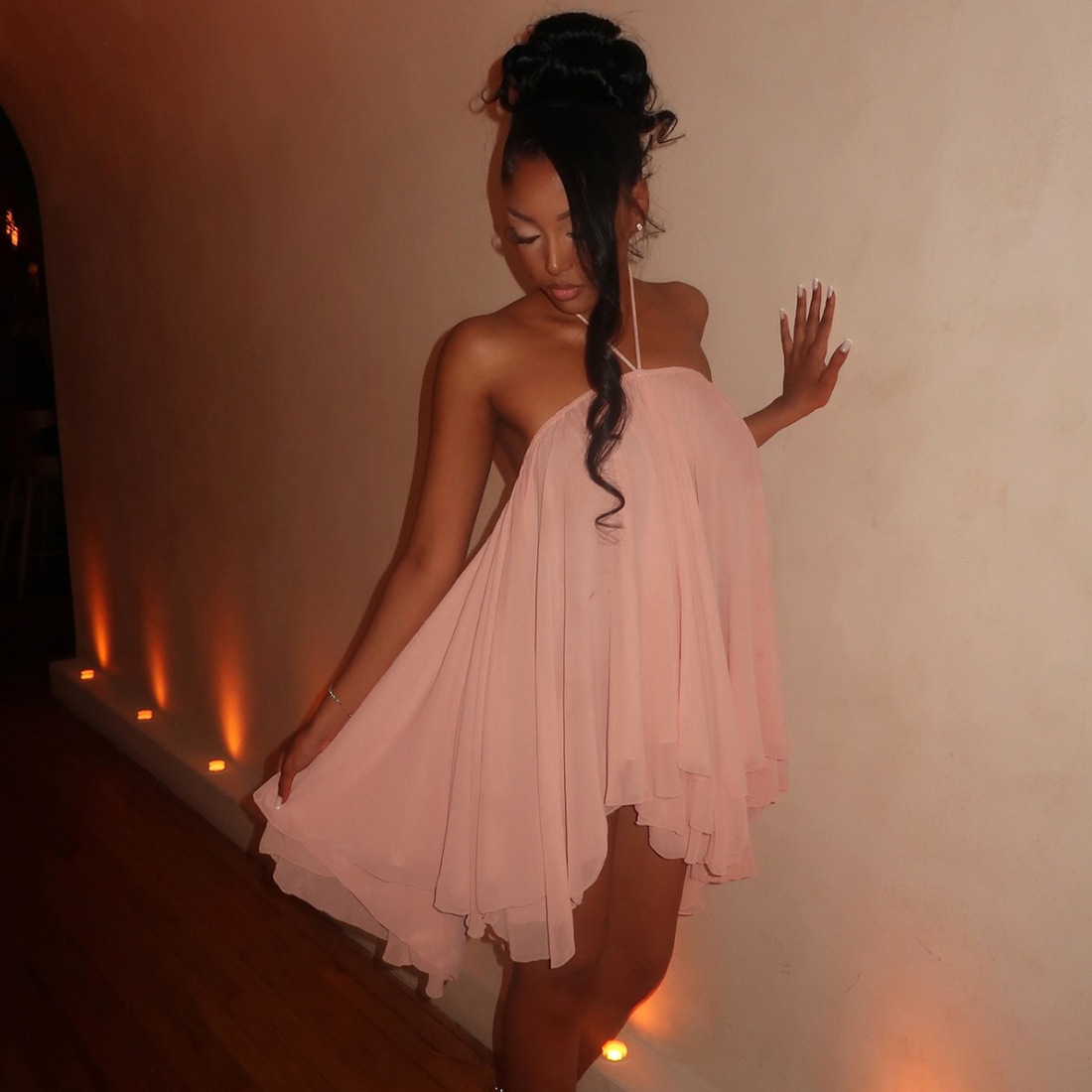 European and American cross border autumn and winter new women's fashion halter tie sexy strapless backless loose solid color dress