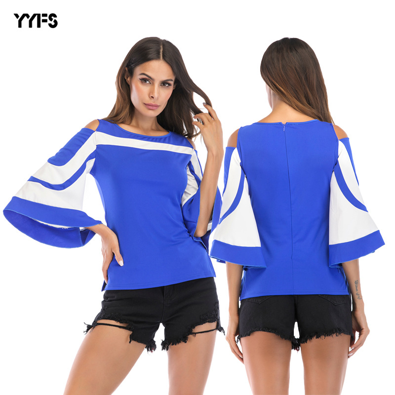 Vintage Color Block Off Shoulder Blouse Bell Sleeves Back Zipper Retro Style Perfect for Casual Outings Wholesale