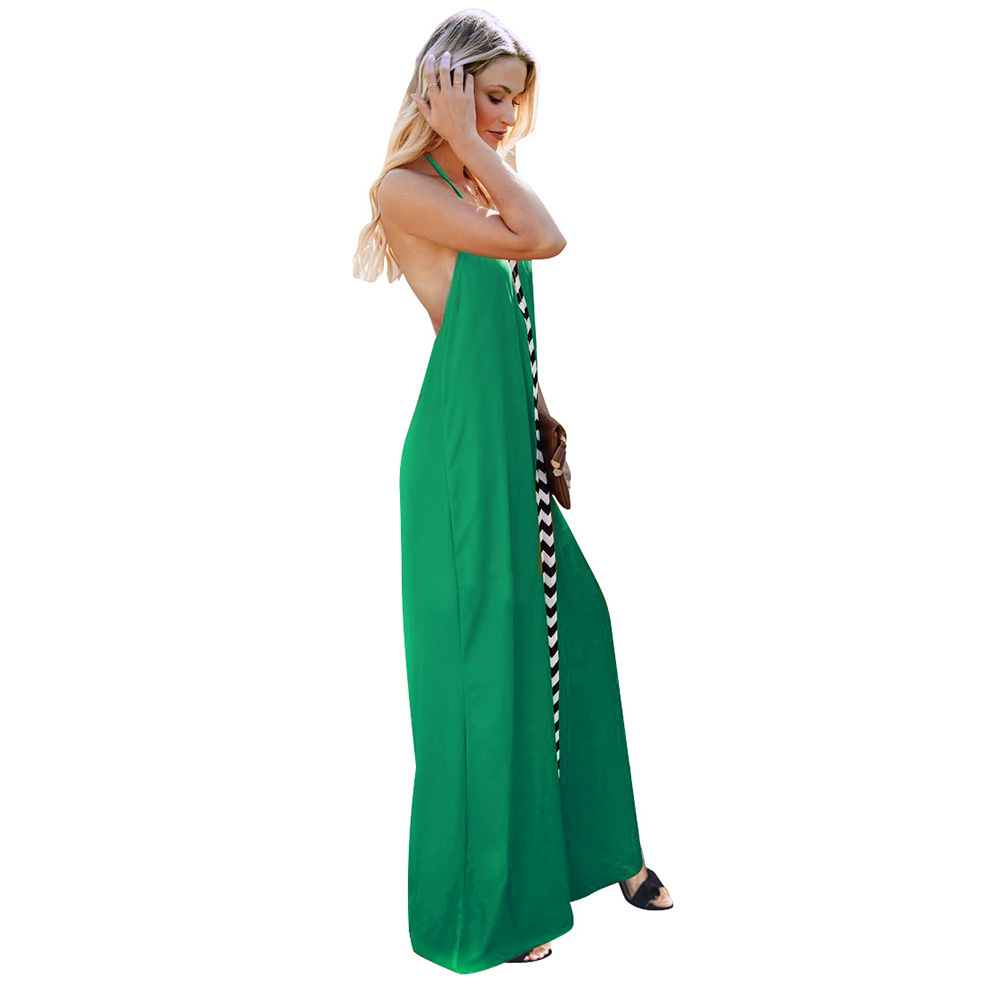 Summer Womens Maxi Dress Color Block Wave Print Backless Design Perfect for Beach Parties or Casual Outings