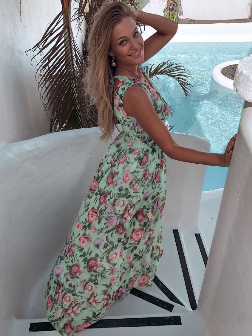 Floral Chiffon Maxi Dress Sleeveless High Slit Lightweight Summer Beach Vacation Wear Wholesale Available
