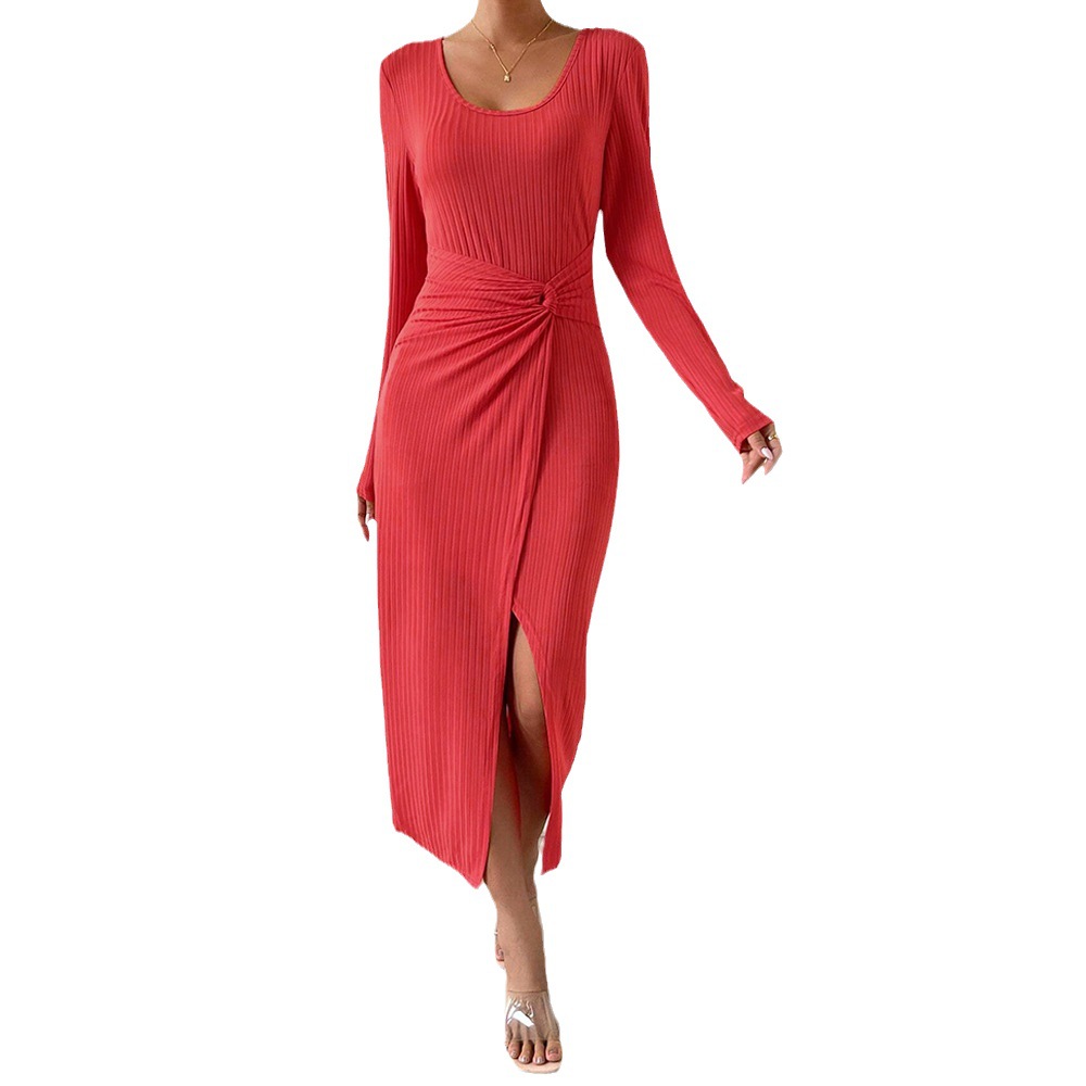 Autumn Winter New Elegant Commuter Sexy Slit Bodycon Solid Color Dress