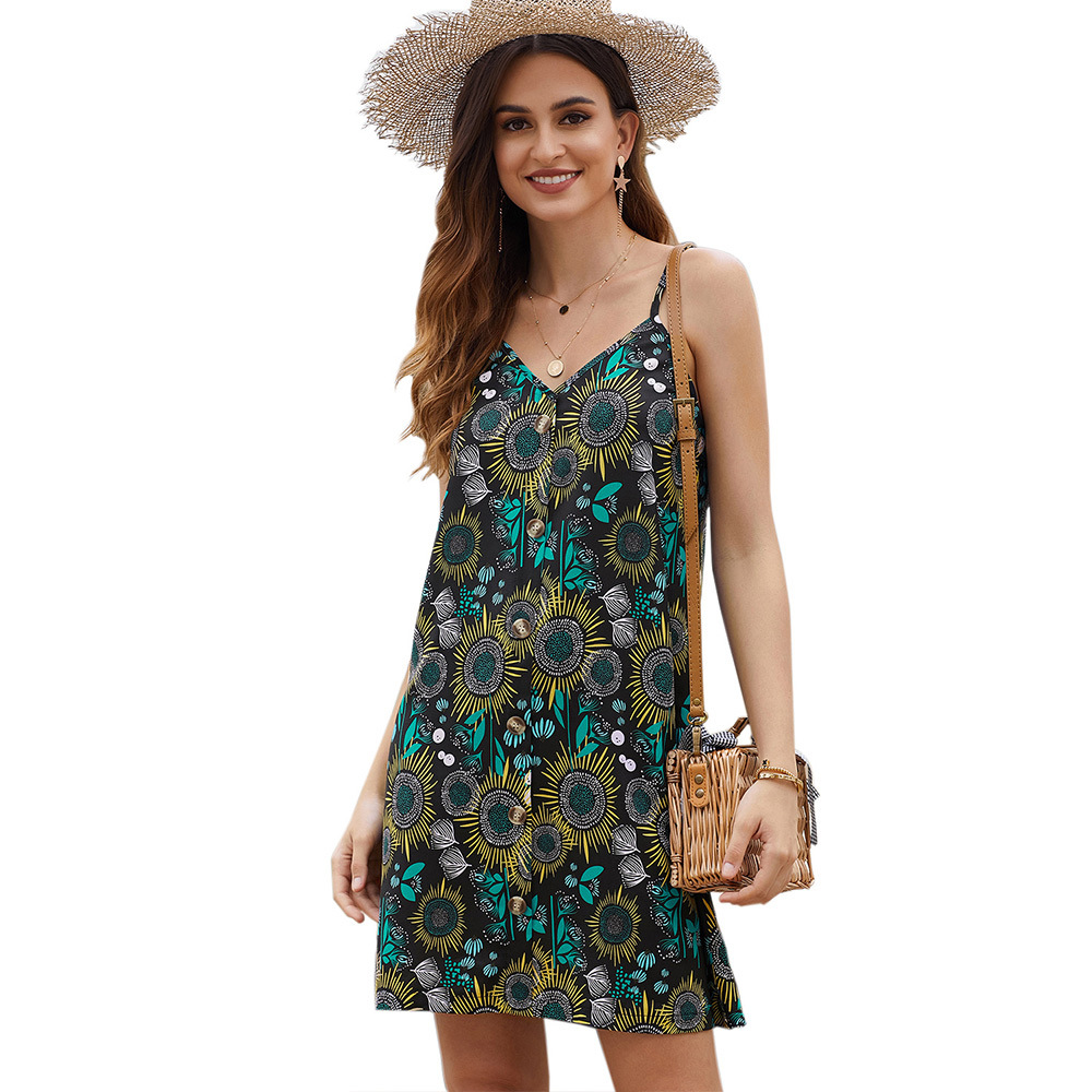 Floral A Line Dress Womens Sleeveless V Neck Button Front Loose Fit Mini Length Casual Summer Wear Wholesale