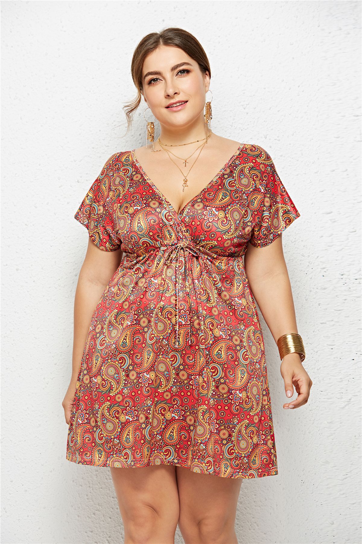 Plus Size V Neck Digital Print Dress Beachwear Vacation Style Comfortable Fit Wholesale Available