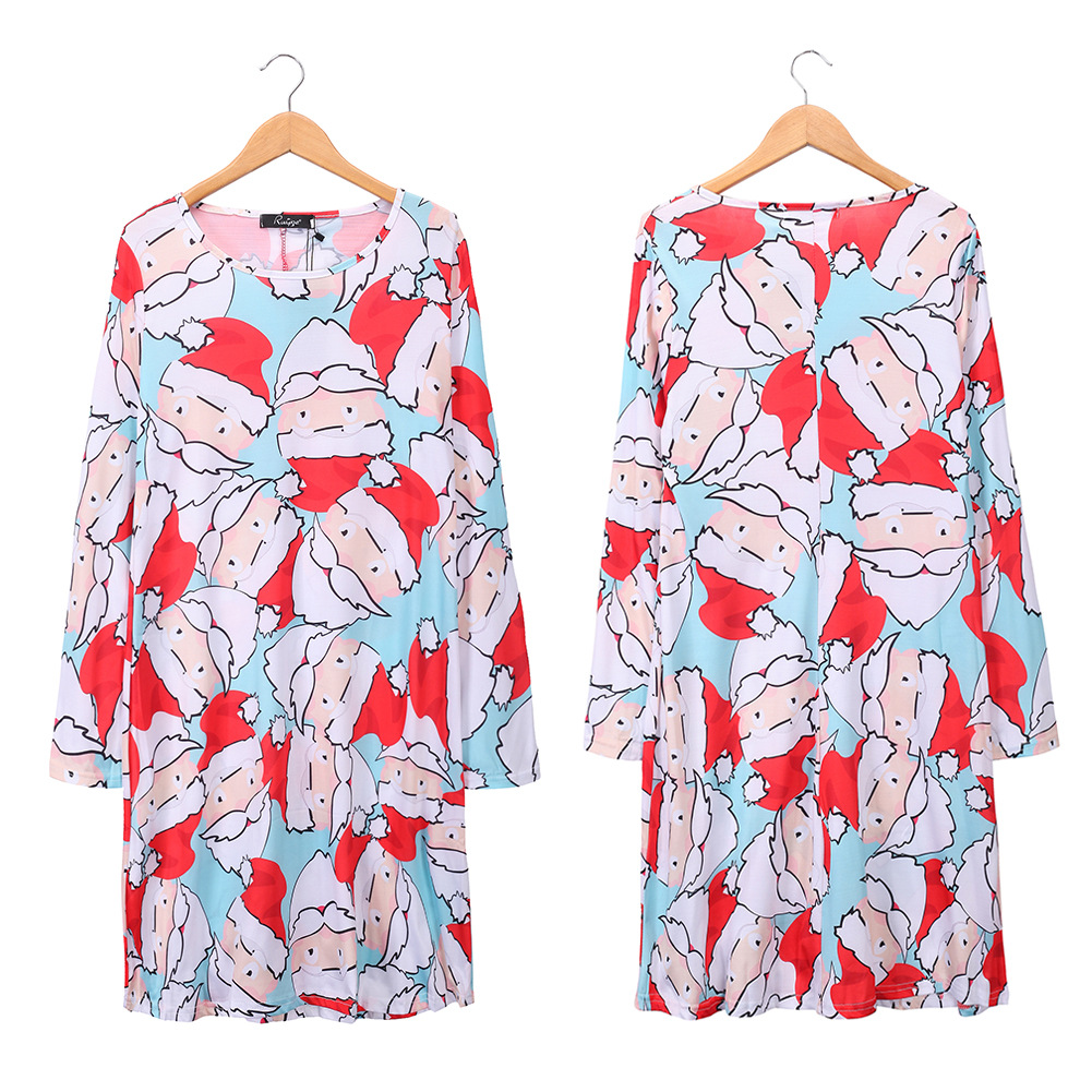 Christmas Cartoon Print Dress Long Sleeve Round Neck Comfortable Fabric Festive Occasion Wear Wholesale Available