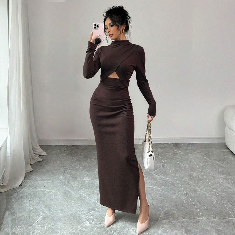 European and American Market, Sexy Split Long Sleeve Dress — Slim Fit, Waist Exposing, Elegant Style — Autumn and Winter Colle