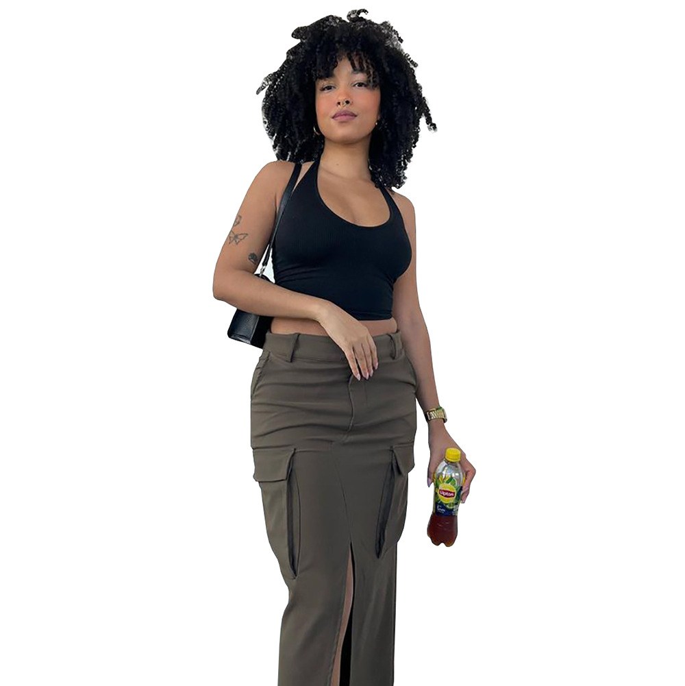 Casual Womens Midi Skirt Solid Color Split Hem Large Pockets Fashionable for Everyday Wear Wholesale Available