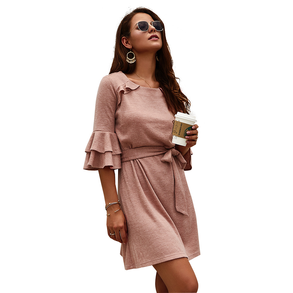 Fashionable Womens Dress Autumn Winter Collection 3 4 Sleeve Round Neck Trendy Design Wholesale Available