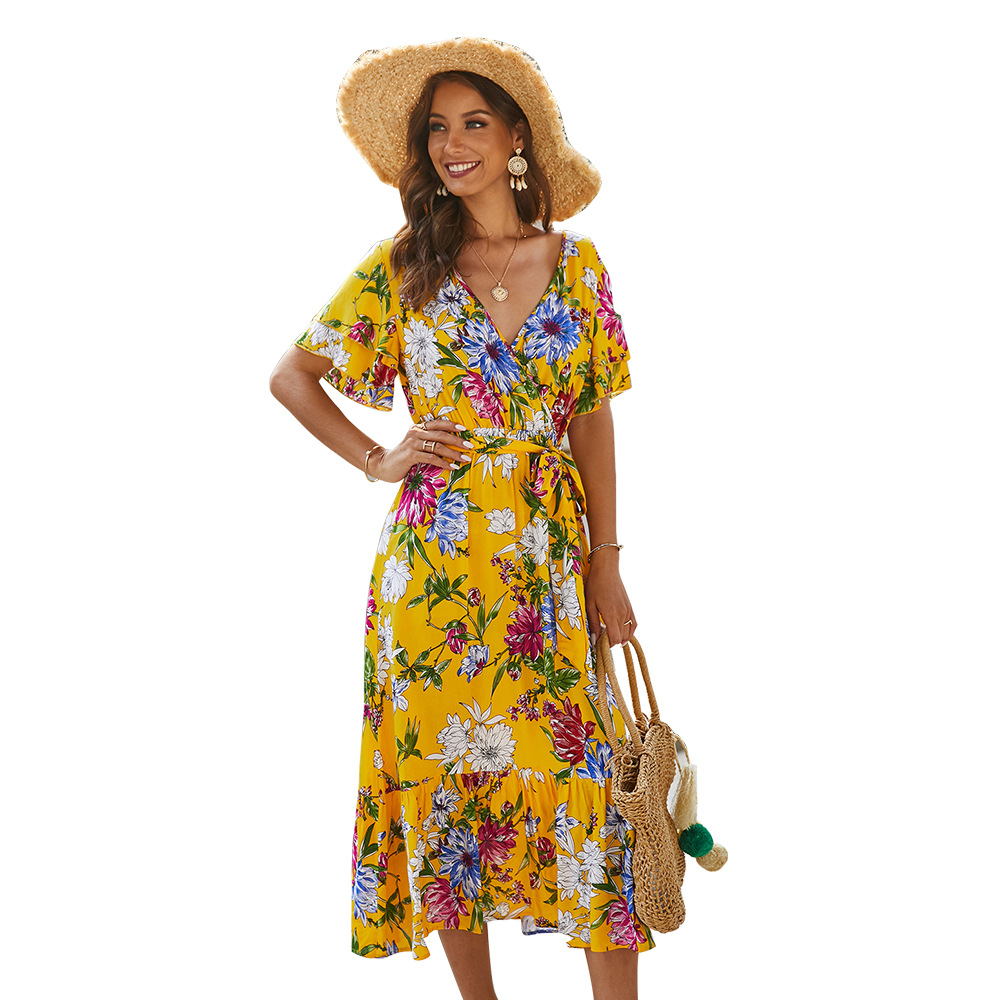 Bohemian Print Tie Front Dress Original Design Spring Summer Style Comfortable Fit Wholesale Available
