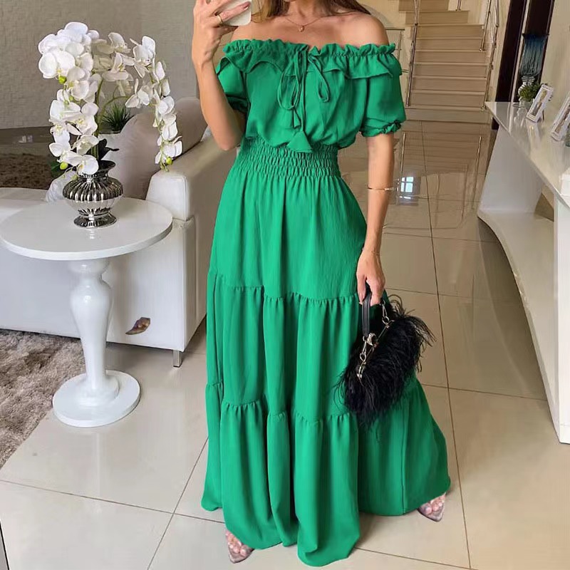 European and American Market Fashionable Solid Color Strapless Ruffled Sleeve Maxi Dress — Elegant, Trendy, Comfortable — Casu