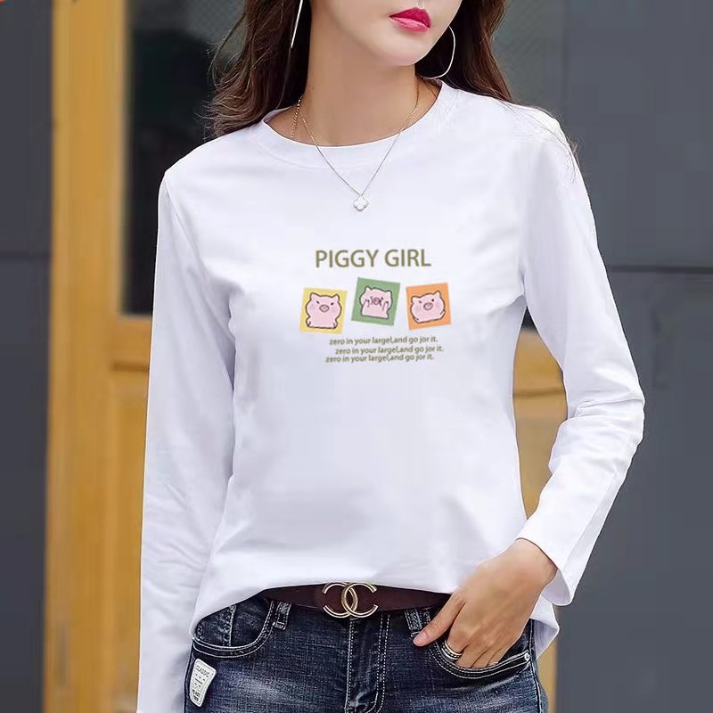 Womens Loose Fit Cotton T Shirt Digital Print Round Neck Long Sleeve Casual Autumn Wear Wholesale Available