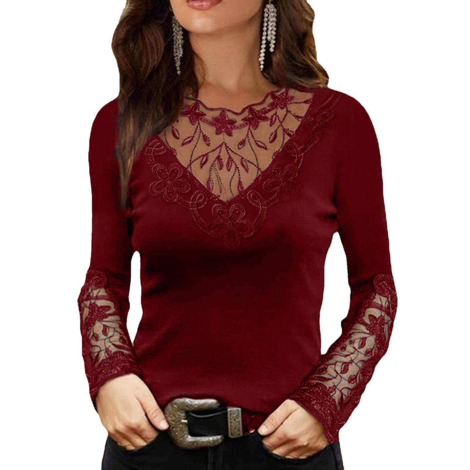 Womens Lace Long Sleeve T Shirt Deep V Neck Floral Trim Slim Fit Spring Fall Fashion Top Wholesale Available