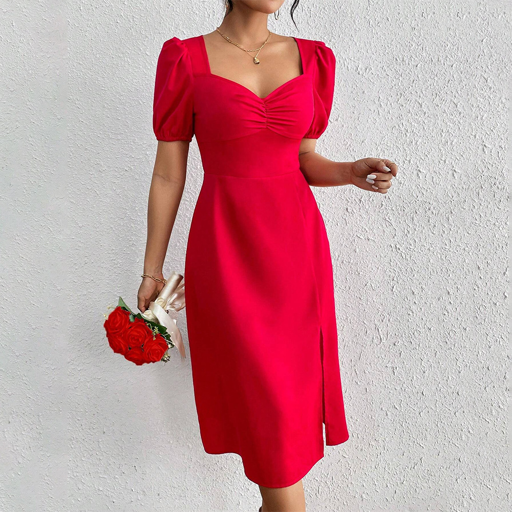 Cross border Women's Fashion European and American Square Collar Pleated Split A line Dress Ins Hot Sale Puff Sleeve Red Dress