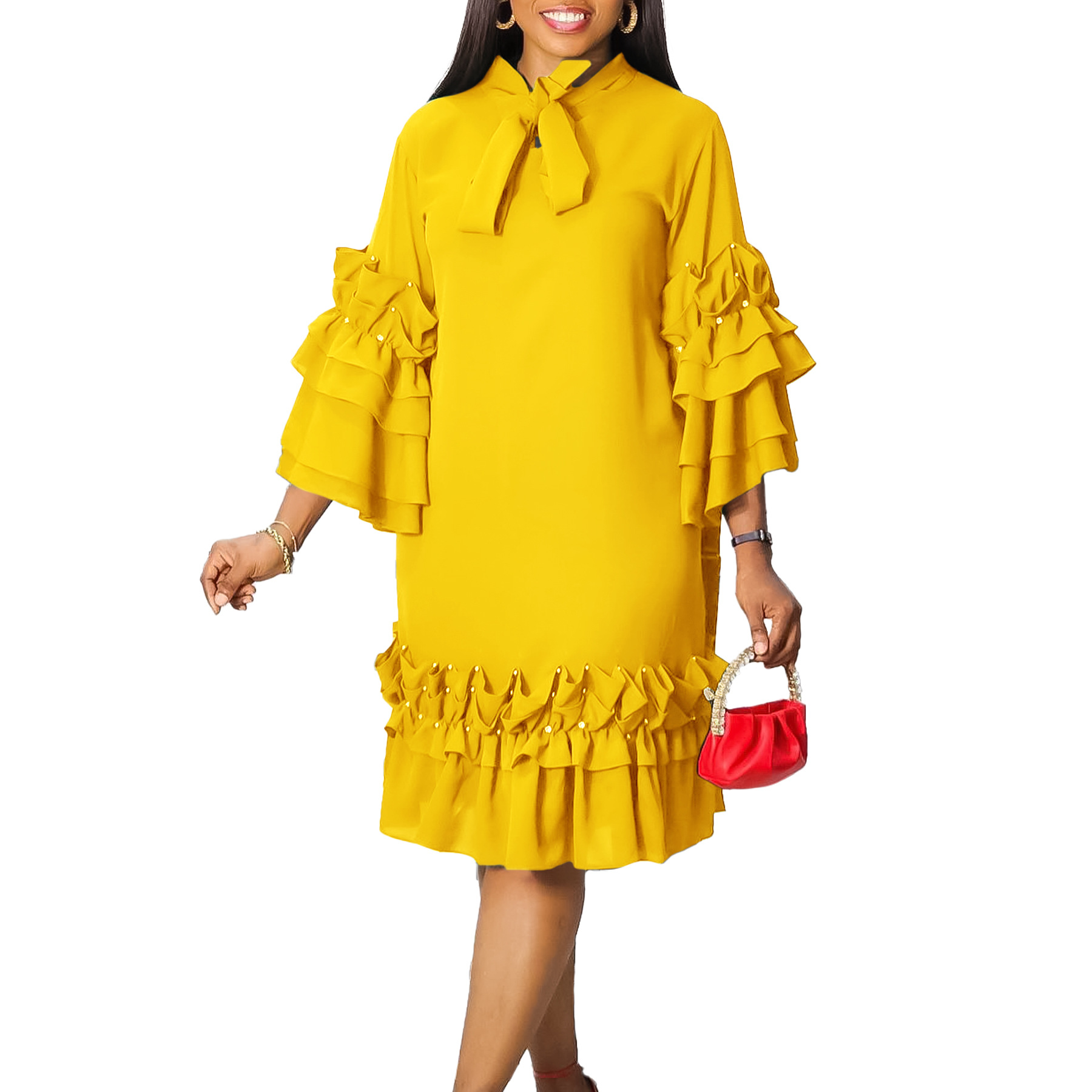 Elegant Women's Fashion Dress with Ruffled Layers, Bell Sleeves, and Tie Detail, Loose Fit, Ideal for International Trade