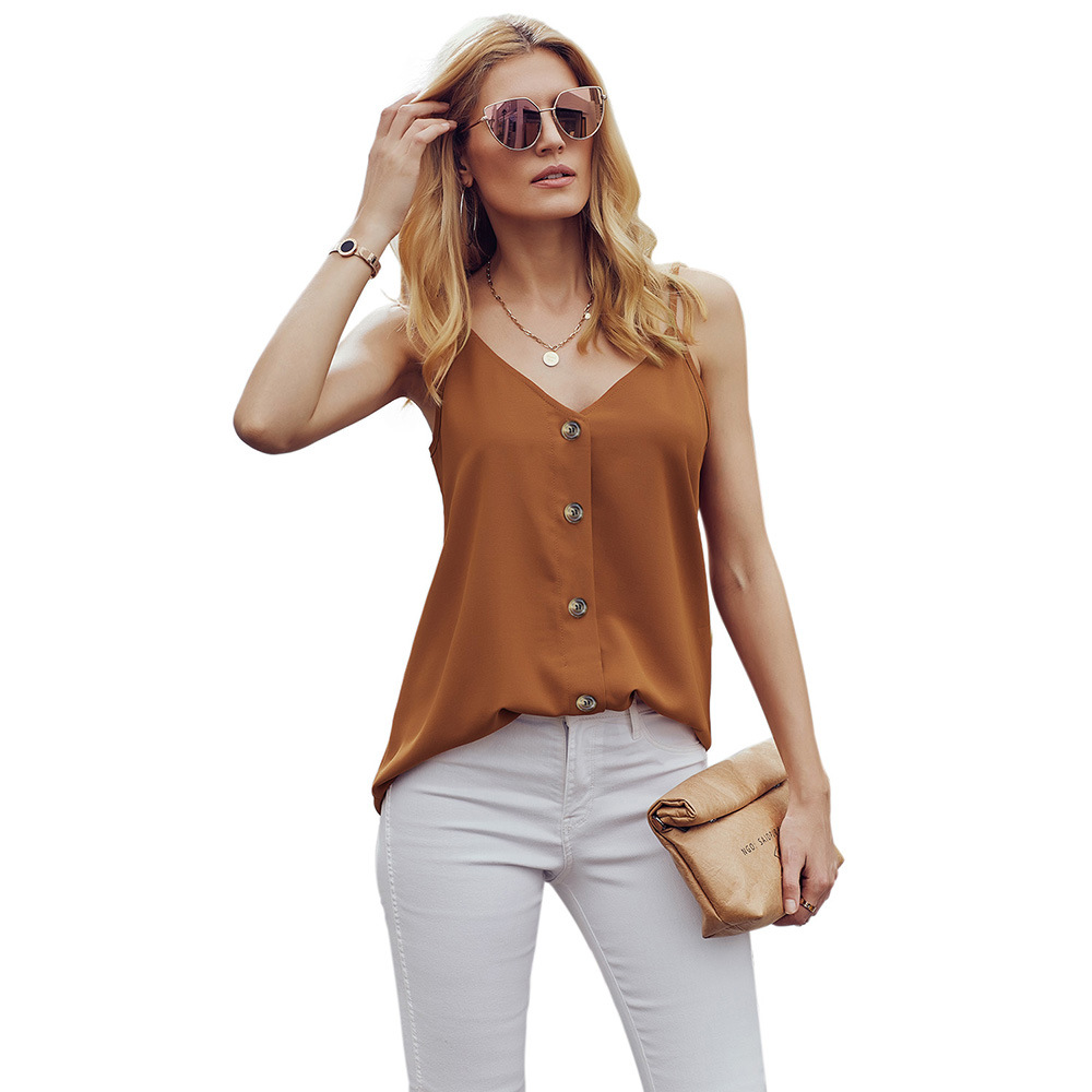 Womens Summer Sleeveless V Neck Tank Top European Style Button Detail Backless Design Casual Wear Wholesale
