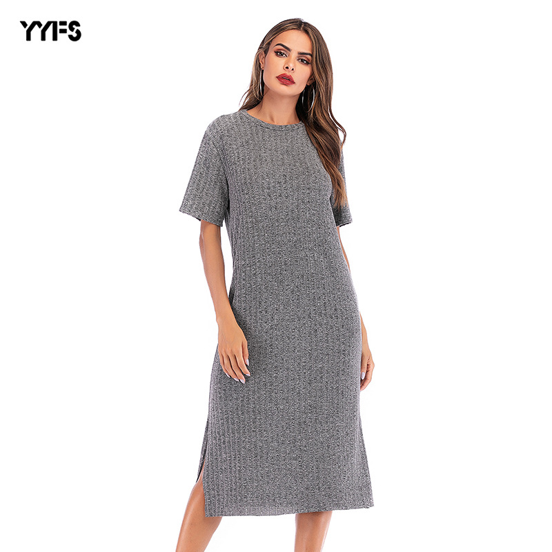 Womens Casual Solid Color Short Sleeve Round Neck Split Hem Dress Autumn Fashion Wholesale Available