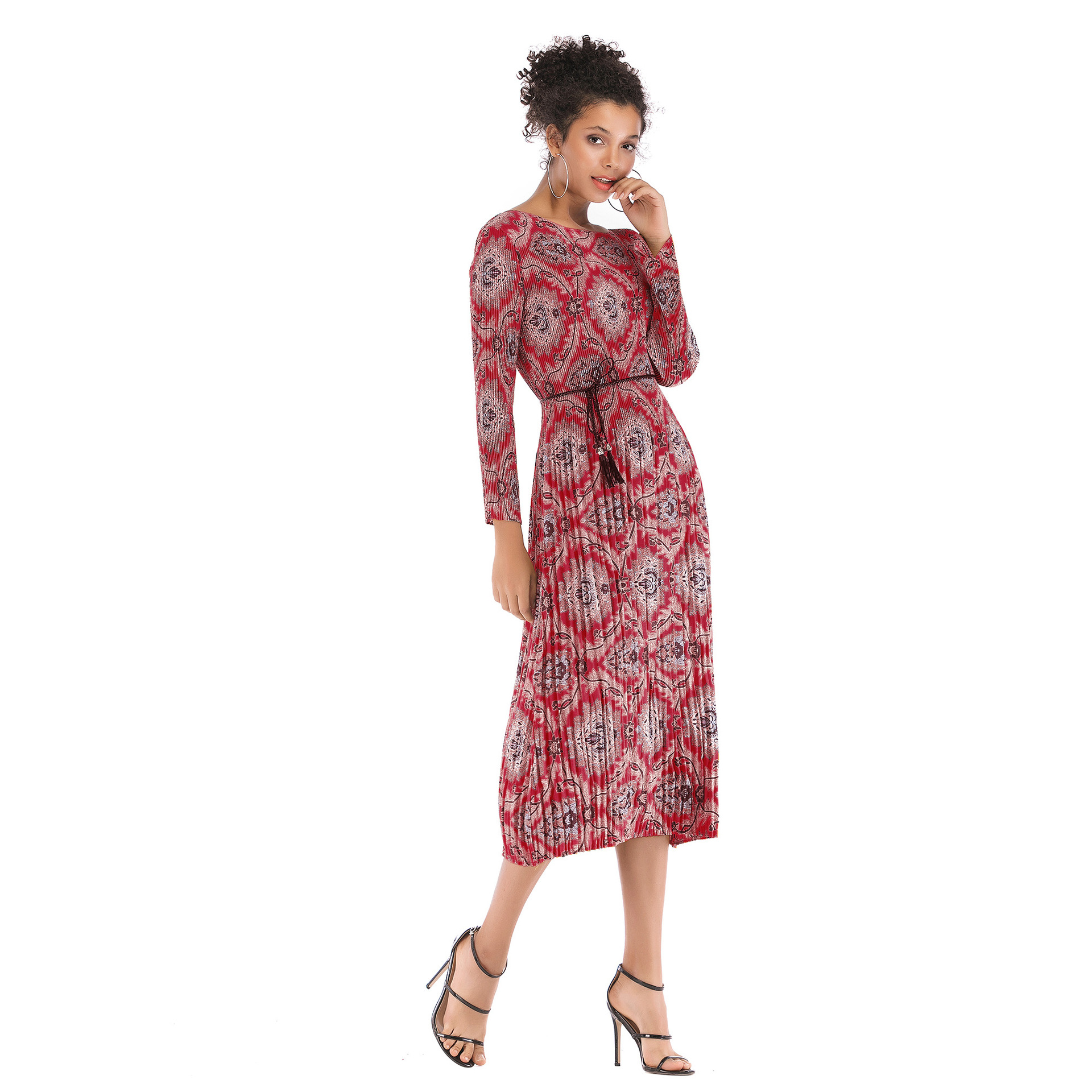 Geometric Print Chiffon Dress Long Sleeve Belted Pleated Design Perfect for Spring Summer Events Wholesale Available