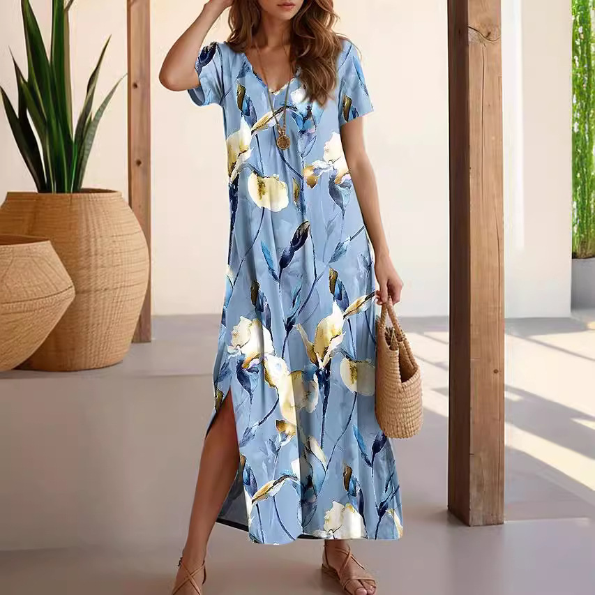 Womens Floral Casual Vacation V Neck Split Maxi Dress Lightweight Fabric Trendy Design Perfect for Summer Wholesale